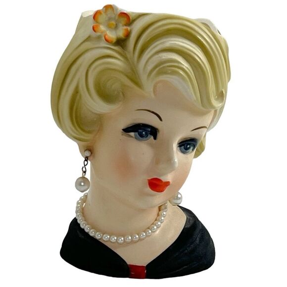 Vintage Inarco Head Vase Blonde Pearl Earrings Necklace E5622 - Picture 2 of 15